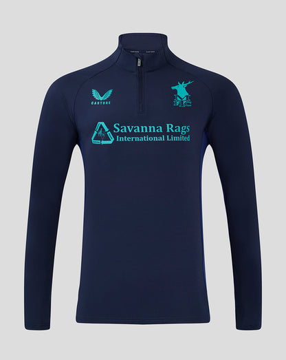 Front view of navy Mansfield Coaches Quarter Zip Training Top with funnel collar and turquoise Savanna Rags logo across the chest