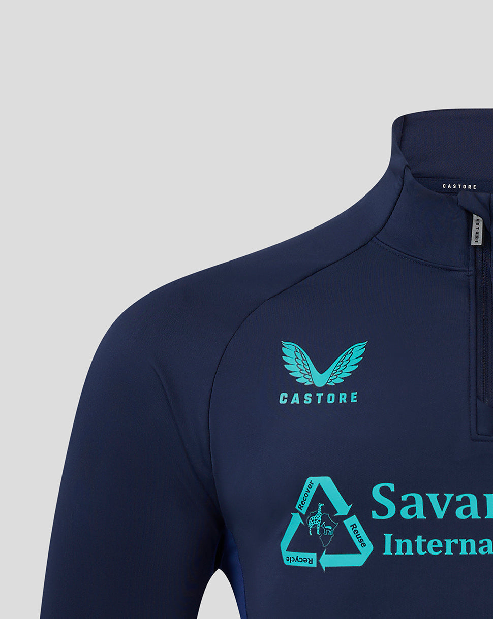 Front chest view of navy Mansfield Junior 24/25 Training 1/4 Zip with turquoise logo and Castore branding