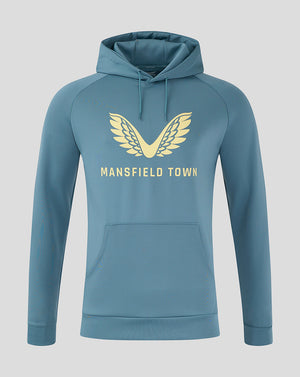 Front view of light blue Mansfield travel hoody with cream wing emblem and chest text with a kangaroo pocket