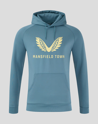 Front view of light blue Mansfield travel hoody with cream wing emblem and chest text with a kangaroo pocket