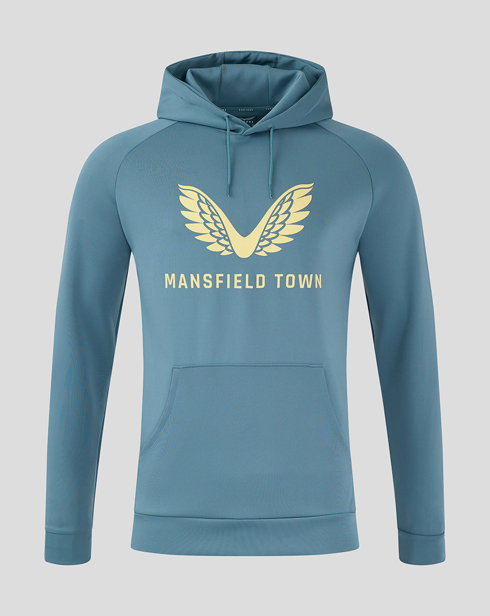 Front view of light blue Mansfield Town Travel Hoody with large gold wing logo and Mansfield Town text on the chest.