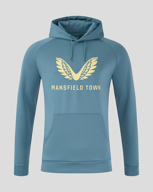 Front view of light blue Mansfield Town Travel Hoody with large gold wing logo and Mansfield Town text on the chest.