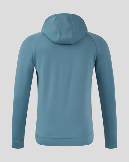 Back view of Mansfield men's light blue travel hoody with hood.