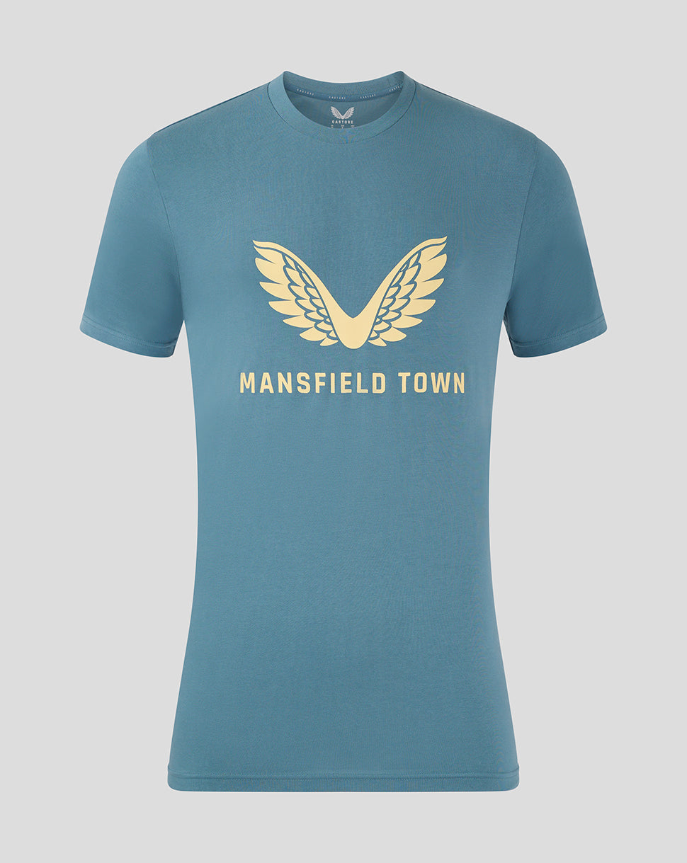 Front view of light blue Mansfield Town training tee with gold wing logo and Mansfield Town text on chest.