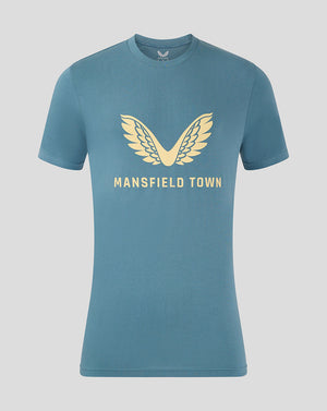 Front view of light blue Mansfield Town training tee with gold wing logo and Mansfield Town text on chest.