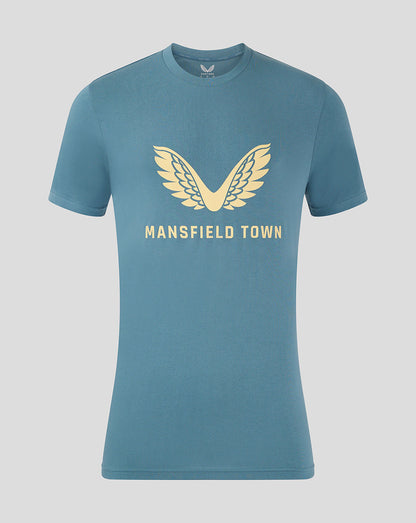 Front view of light blue Mansfield Town training tee with gold wing logo and Mansfield Town text on chest.