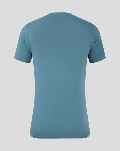 Back view of blue Mansfield Town training tee with plain back and short sleeves.