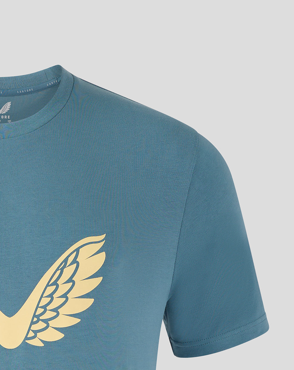 Mansfield Training Logo Tee in light blue with round neck and gold winged logo at the center chest