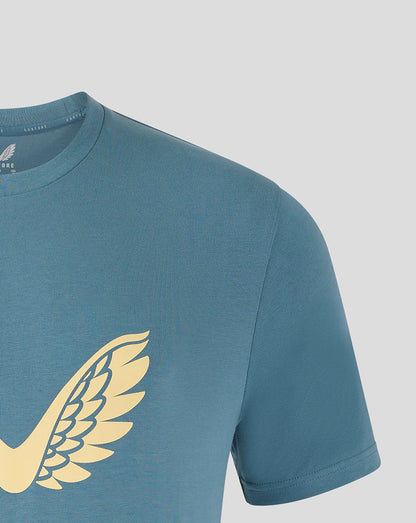 Mansfield Training Logo Tee in light blue with round neck and gold winged logo at the center chest