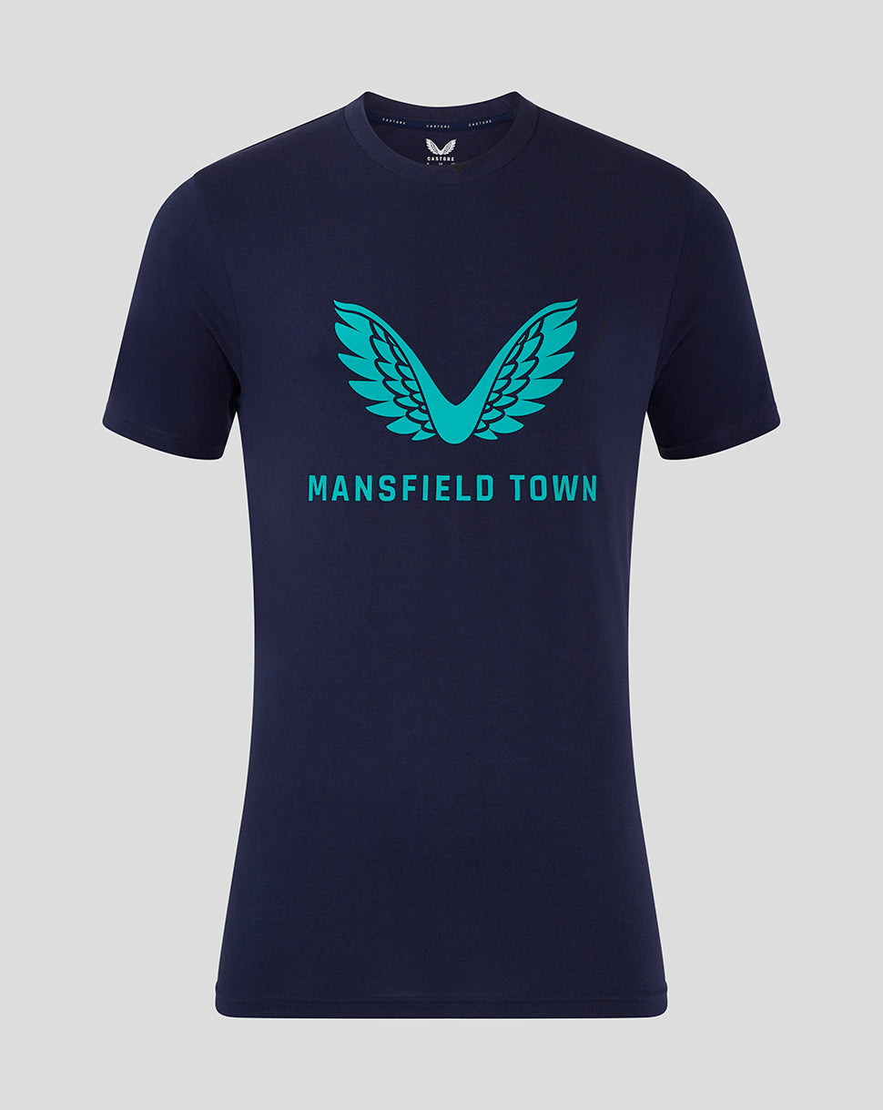 Navy Mansfield Town graphic tee with teal wings logo and Mansfield Town text centered on chest