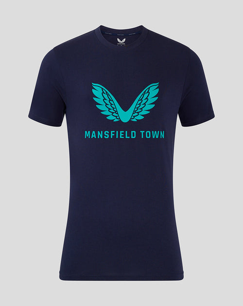 Navy Mansfield Town graphic tee with teal wings logo and Mansfield Town text centered on chest