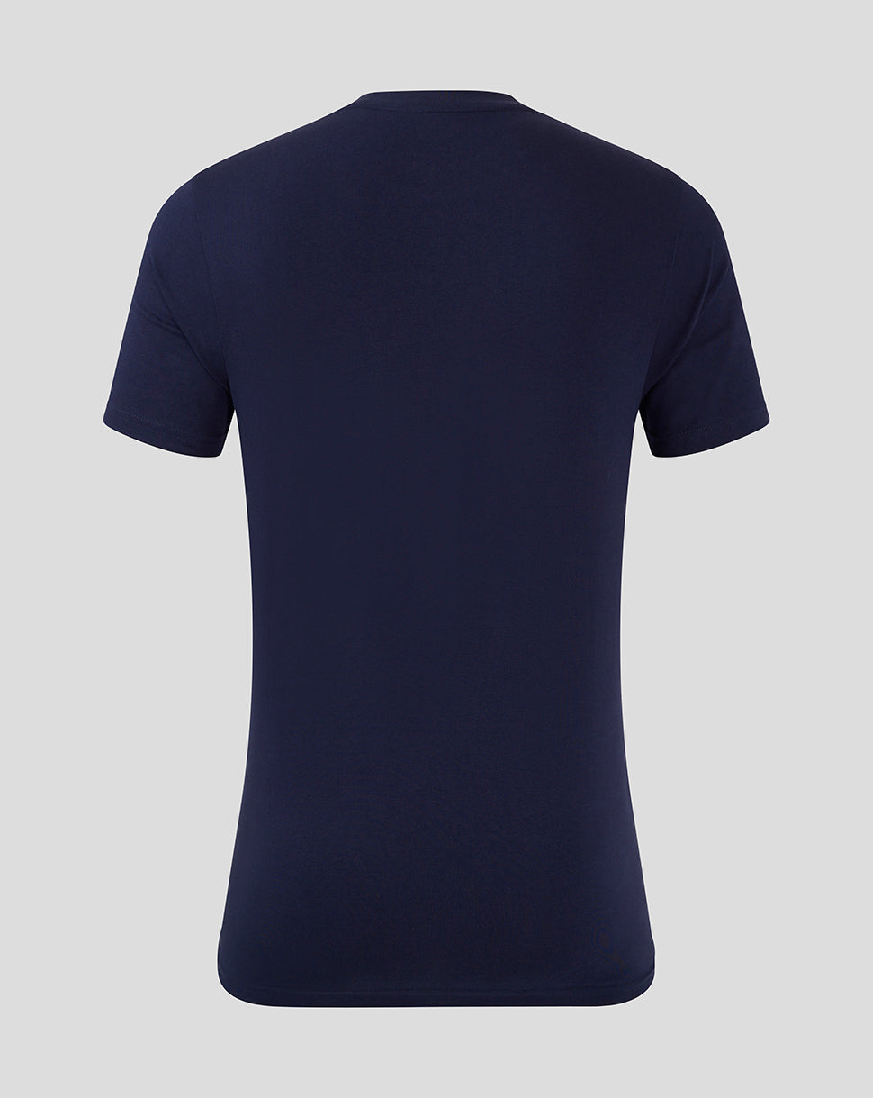 Back view of navy Mansfield training tee with a round neck and short sleeves
