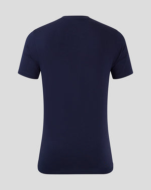 Back view of navy Mansfield training tee with a round neck and short sleeves