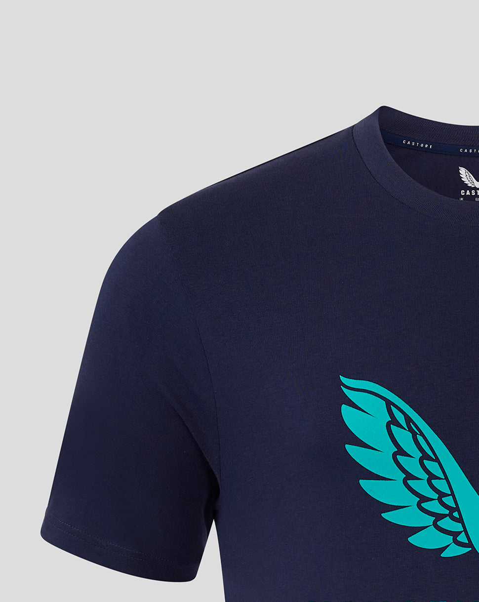 Navy Mansfield training tee with turquoise wing graphic on the front chest
