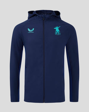 Front view of navy Mansfield Rise Pro Coaches Presentation Hooded Jacket with full zip and left chest crest