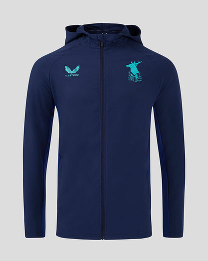 Front view of navy Mansfield Rise Pro Coaches Presentation Hooded Jacket with full zip and left chest crest