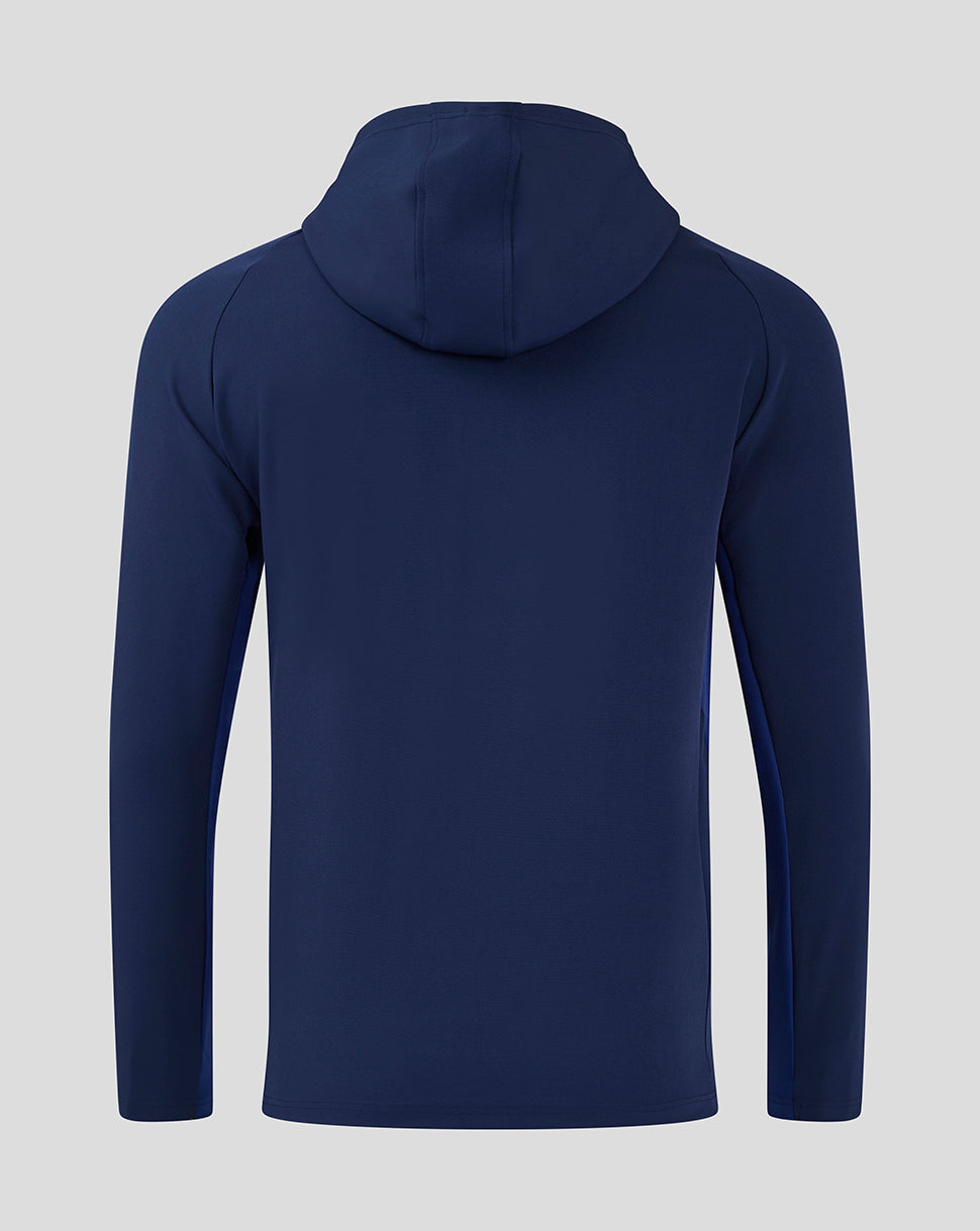 Back view of navy Mansfield Rise Pro Coaches Jacket with attached hood
