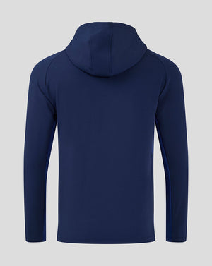 Back view of navy Mansfield Rise Pro Coaches Jacket with attached hood