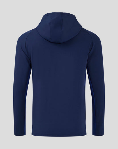Back view of navy Mansfield Rise Pro Coaches Jacket with attached hood