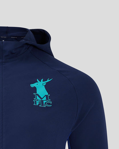 Navy Mansfield hooded jacket close-up of collar and left chest with teal crest
