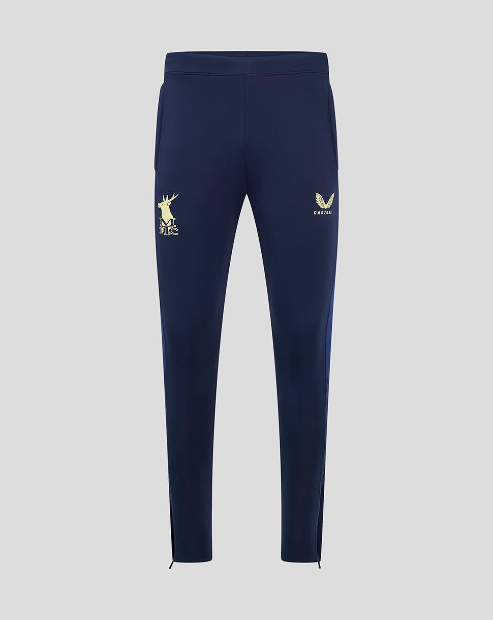 Navy Mansfield Pro Coaches training pants front view with crest on the right thigh and Castore logo on the left thigh.