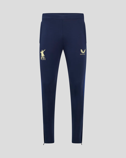Navy Mansfield Pro Coaches training pants front view with crest on the right thigh and Castore logo on the left thigh.