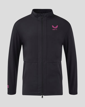 Front view of black Mk Dons men's travel jacket with pink crest on the left chest