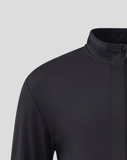 Close-up of black Mk Dons travel jacket shoulder with standing collar and zipper