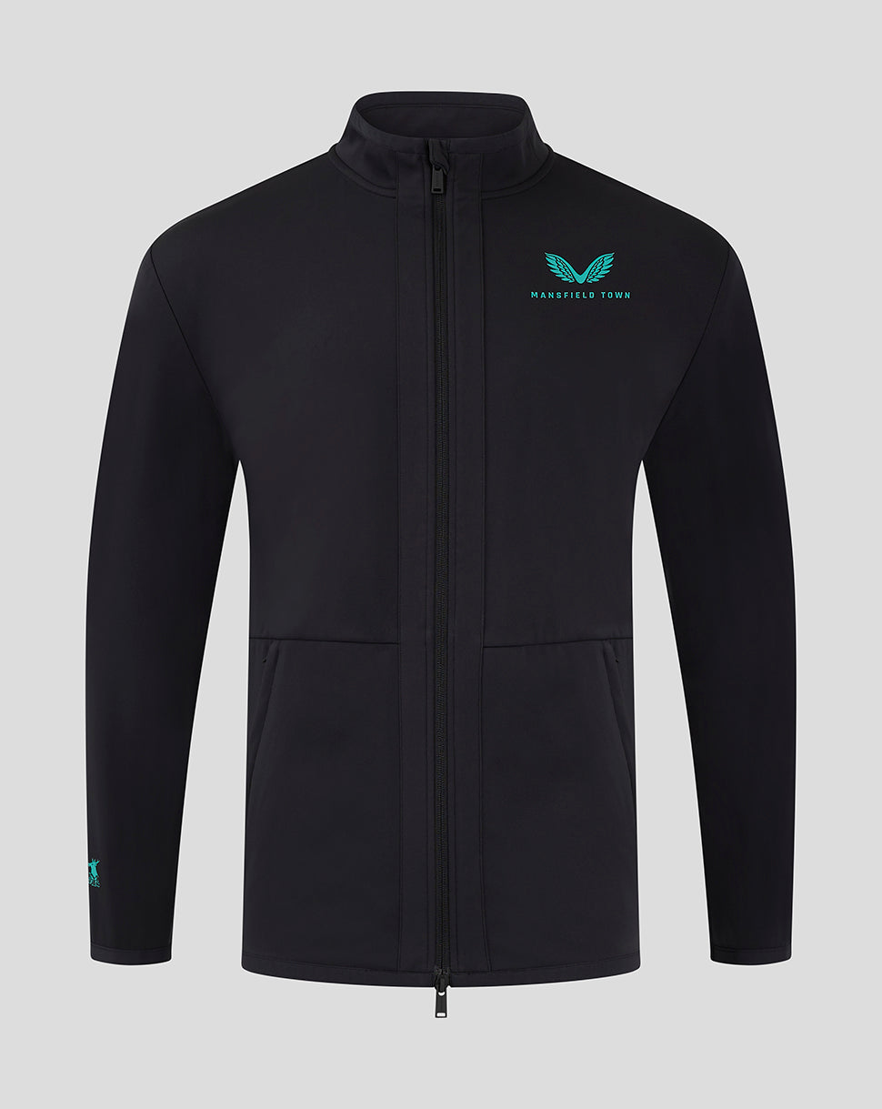 Front view of Mansfield Men's 24/25 Travel Jacket in black with teal logo on the left chest.