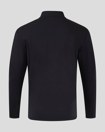 Back view of black Mansfield Travel Jacket showing clean silhouette and stand collar