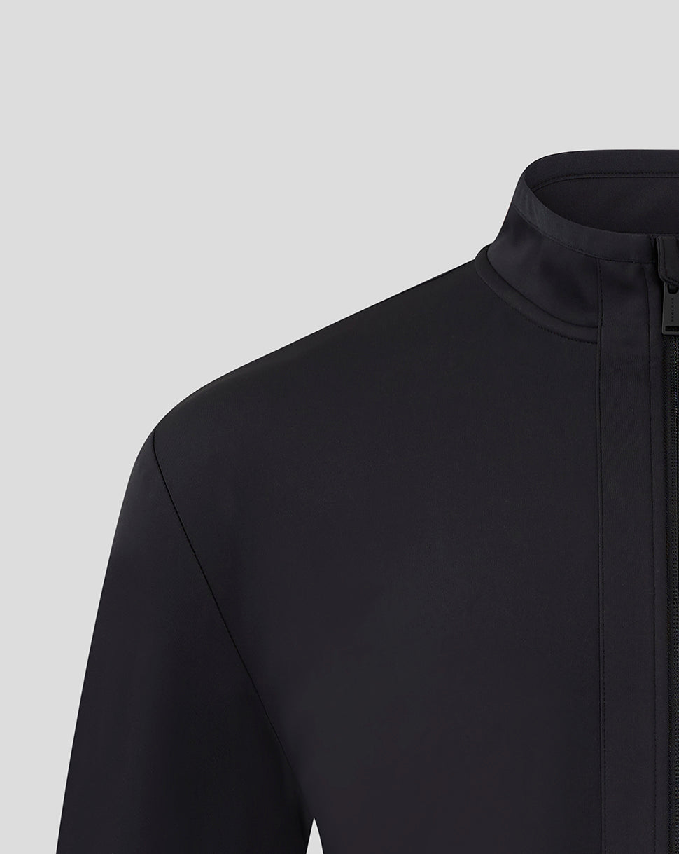 Shoulder and zip front detail of black Mansfield Travel Jacket with sleek minimal construction