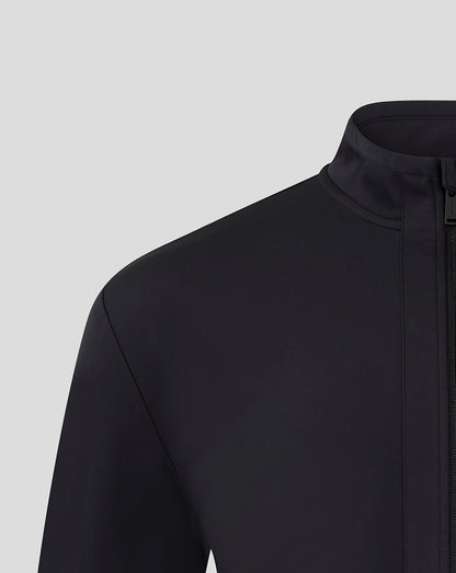 Shoulder and zip front detail of black Mansfield Travel Jacket with sleek minimal construction