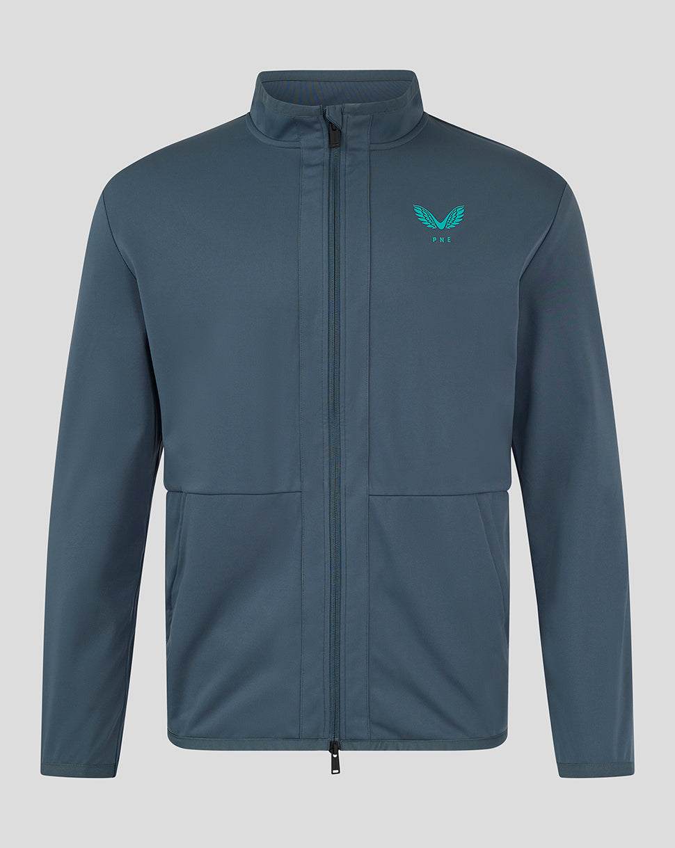 Blue Preston NE women's travel jacket with funnel neck long sleeves and teal logos on chest and cuff