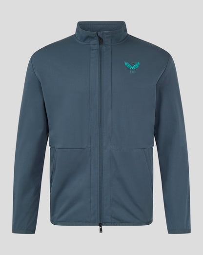 Blue Preston NE women's travel jacket with funnel neck long sleeves and teal logos on chest and cuff