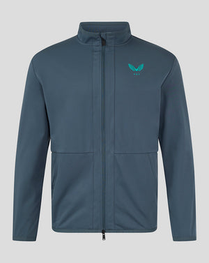 Front view of Preston NE long sleeve softshell travel jacket in blue with a teal crest on the left chest and zip front.