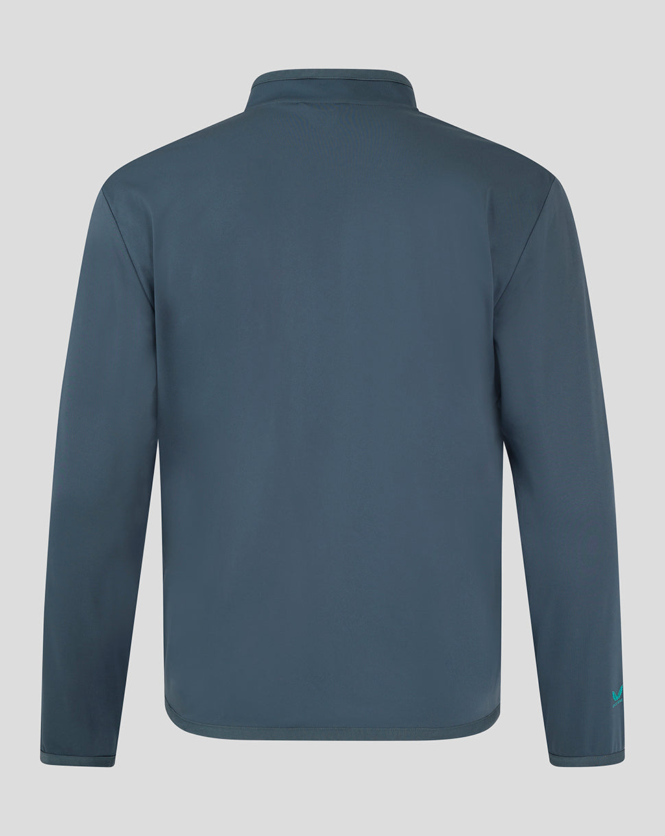 Back view of blue Preston NE travel jacket showing clean softshell silhouette and stand-up collar