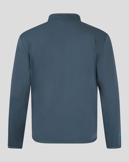 Back view of blue Preston NE travel jacket showing clean softshell silhouette and stand-up collar