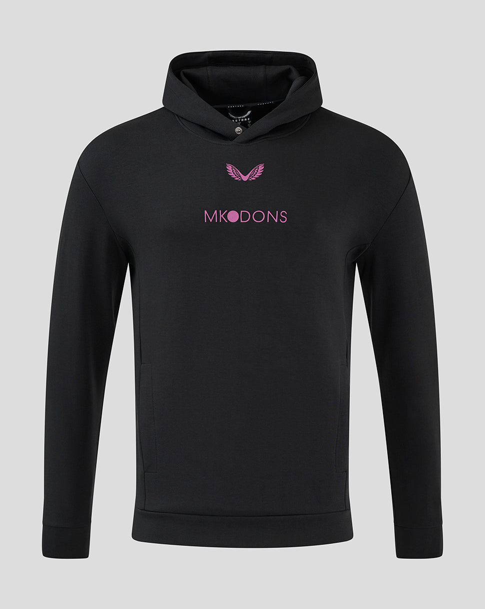 Front view of a black Mk Dons Travel Logo Hoody with pink crest and MK DONS text on the chest