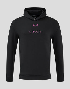 Front view of a black Mk Dons Travel Logo Hoody with pink crest and MK DONS text on the chest