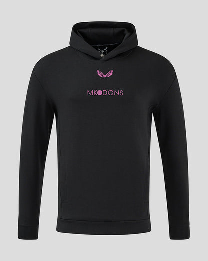 Front view of a black Mk Dons Travel Logo Hoody with pink crest and MK DONS text on the chest
