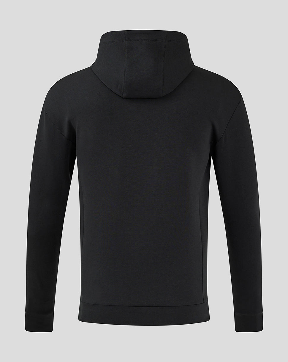 Back view of black Mk Dons travel logo hoody