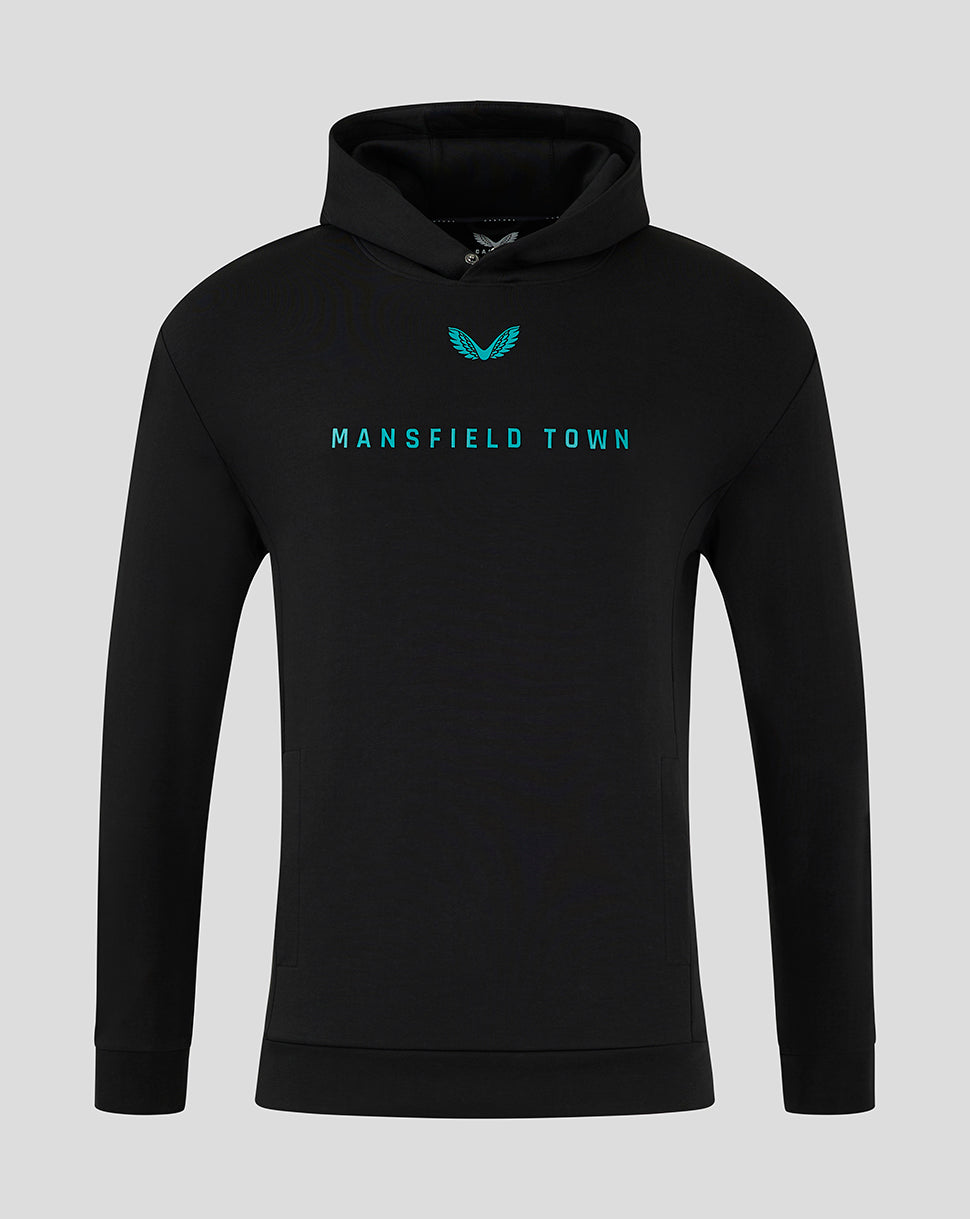 Black Mansfield 24/25 Travel Hoody with teal crest above and teal MANSFIELD TOWN across chest
