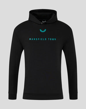 Black Mansfield 24/25 Travel Hoody with teal crest above and teal MANSFIELD TOWN across chest