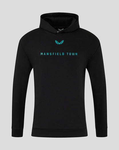 Black Mansfield 24/25 Travel Hoody with teal crest above and teal MANSFIELD TOWN across chest