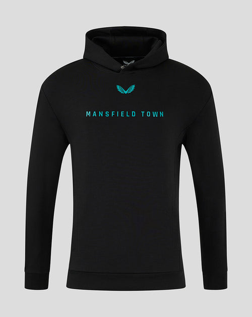 Black Mansfield 24/25 Travel Hoody with teal crest above and teal MANSFIELD TOWN across chest