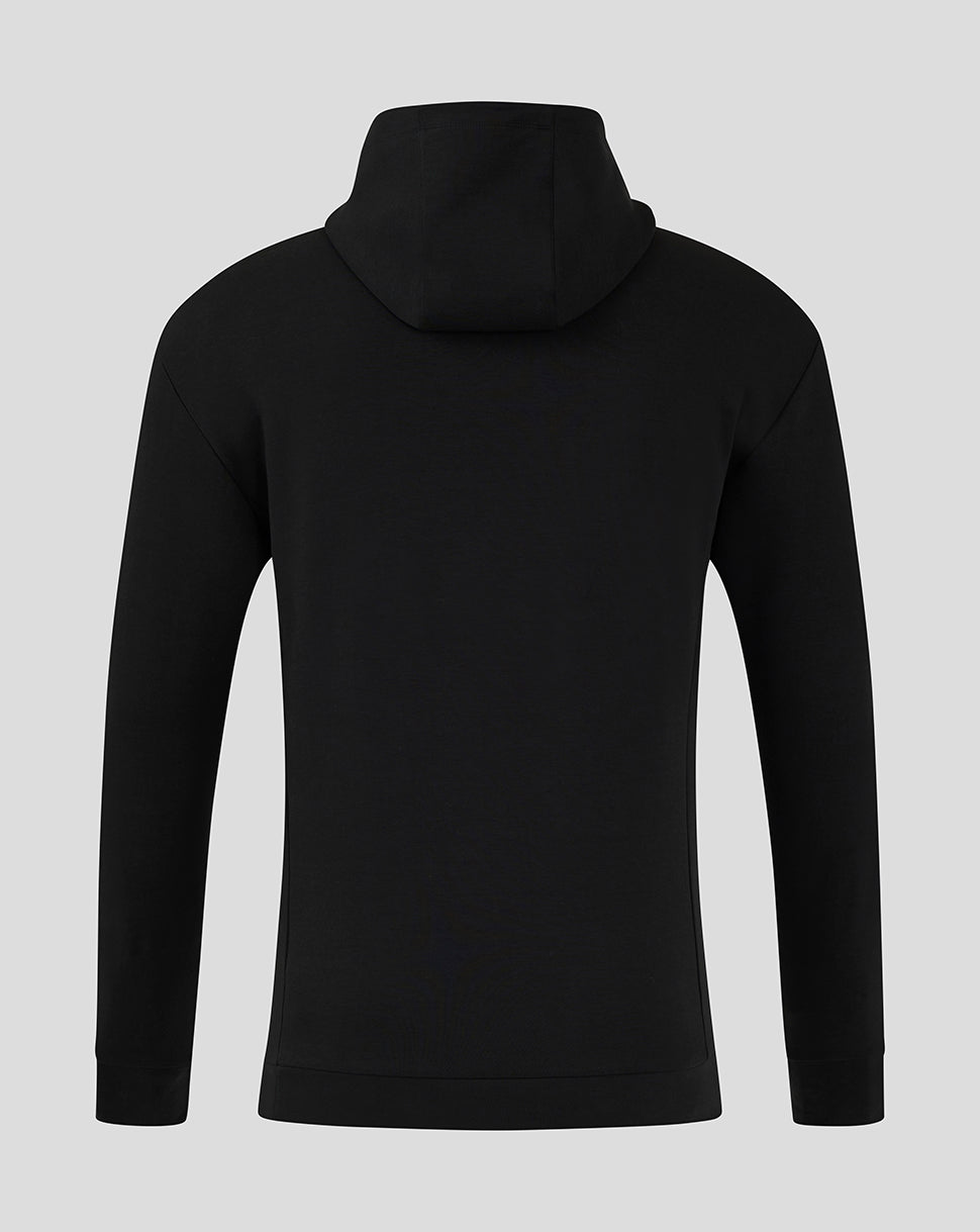 Back view of black Mansfield travel hoody with hood up and simple clean silhouette.