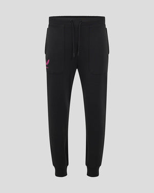 Front view of black Mk Dons travel pant with a drawstring waistband and a pink logo on the left thigh