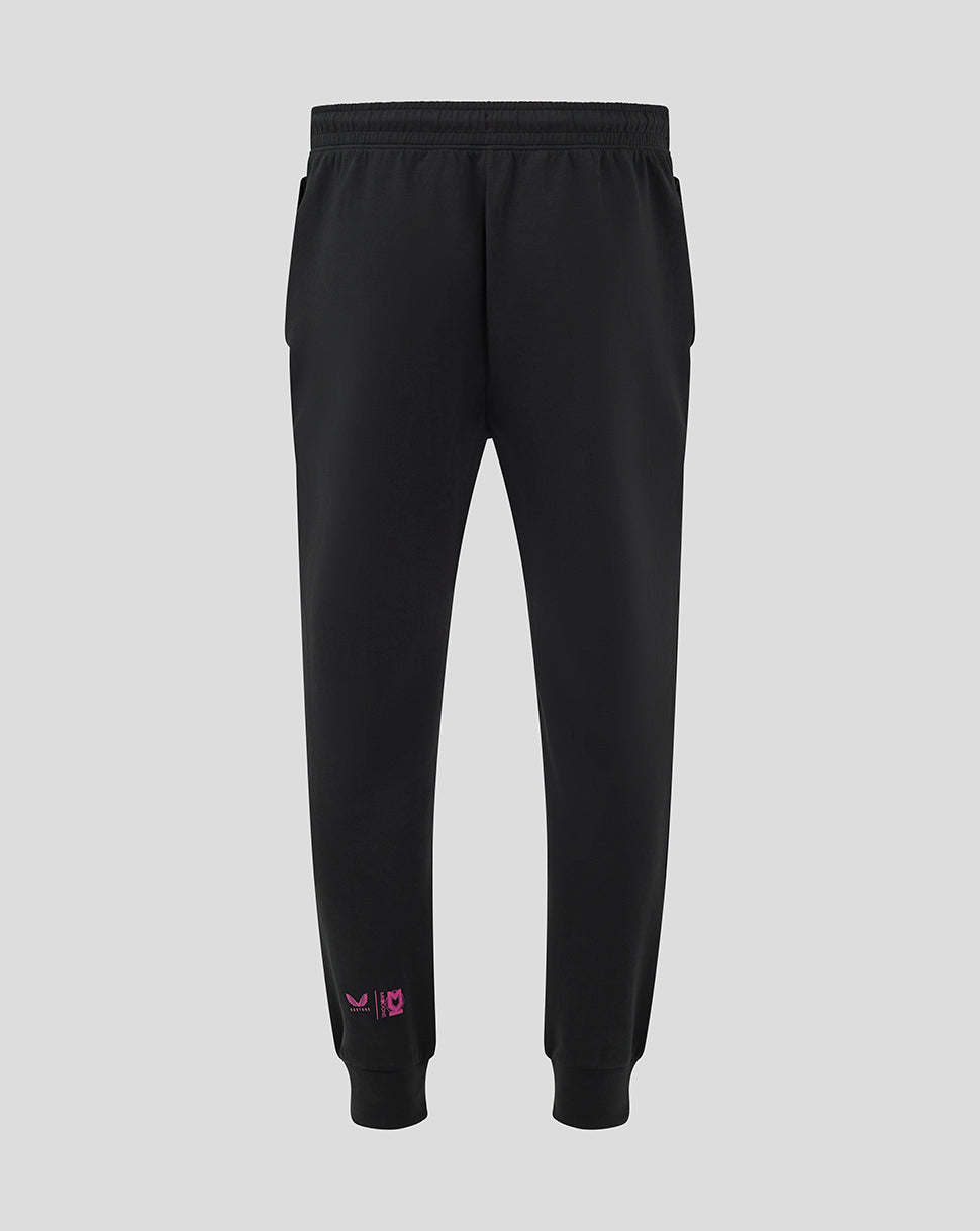 Back view of black Mk Dons travel pant with an elastic waistband