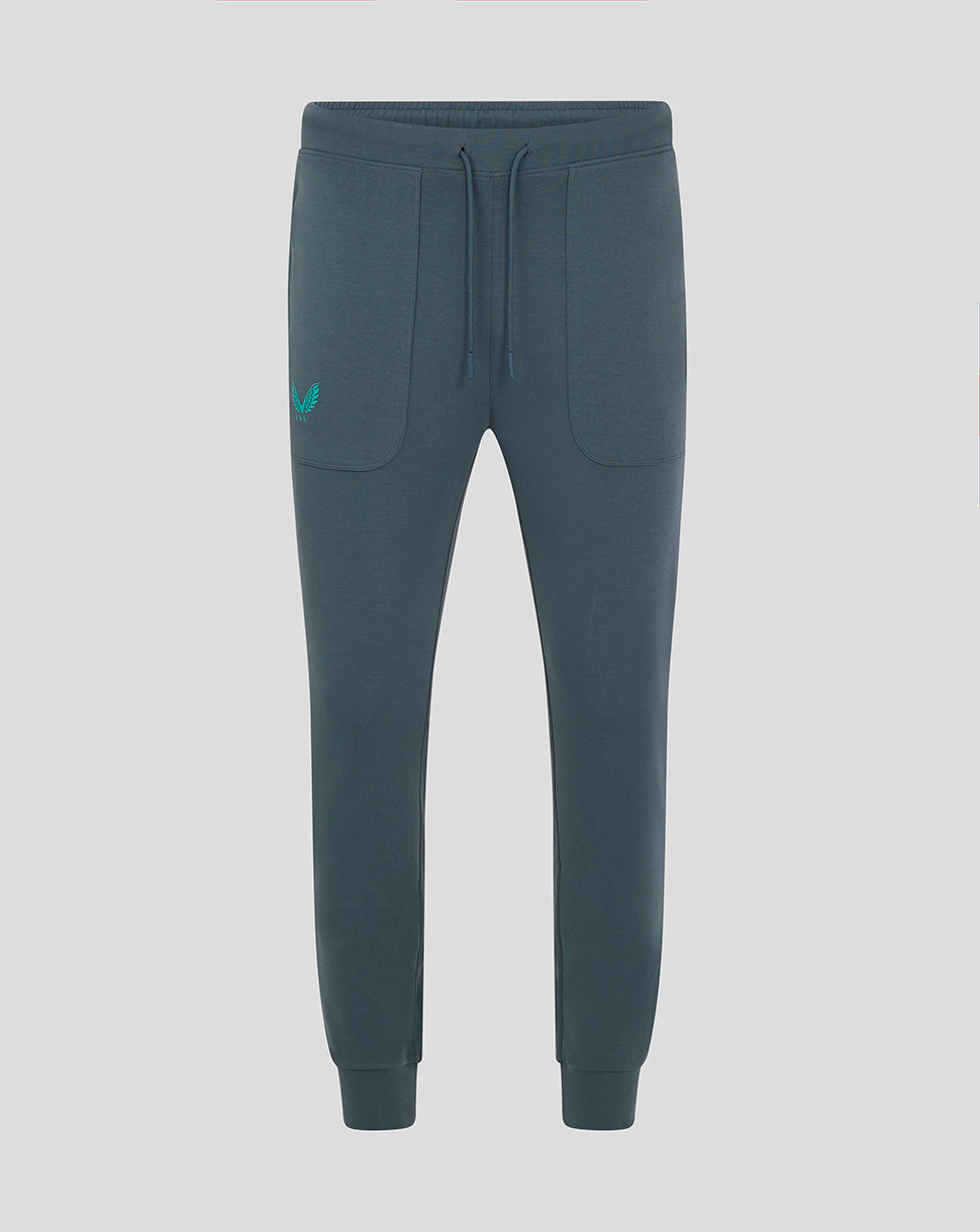 Full view of Preston NE Travel Pants in teal with external drawcords and zip pockets.