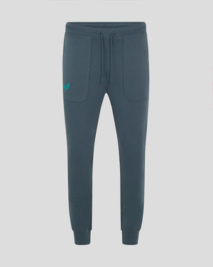Full view of Preston NE Travel Pants in teal with external drawcords and zip pockets.